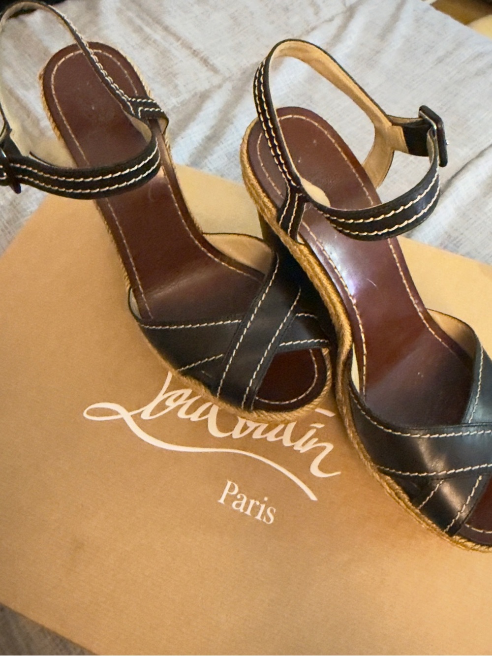Christian Louboutin Black Leather Espadrille Wedge Sandals
